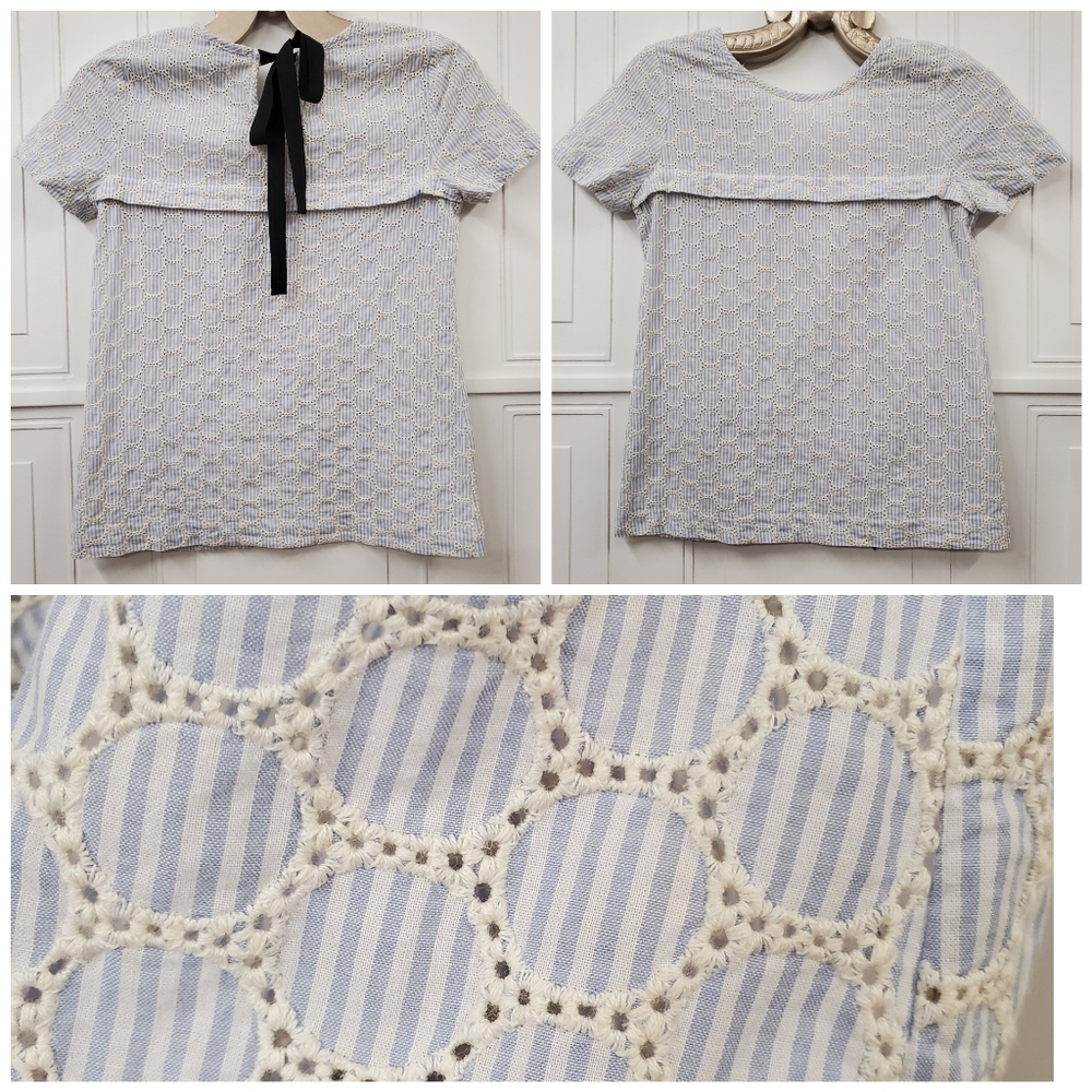 J. CREW Embroidered Eyelet Cotton Seersucker Top Sz 0 XS Ribbon Tie Blue White